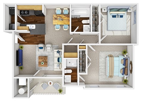 Floor plan for 2 beds, 2 baths, 1000 sqft